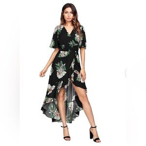 MakeMeChic Women's Short Sleeve Floral High Low V-Neck Long Maxi Dress 1Black XL